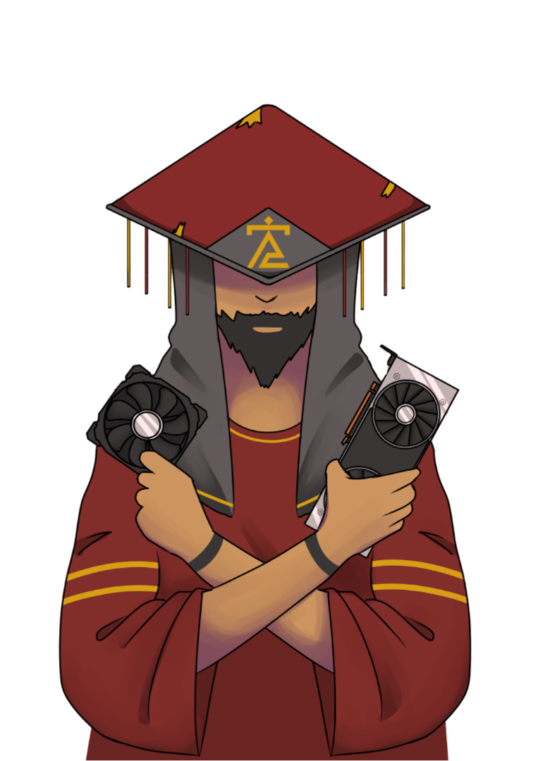 Hokage Tech wizard mascot — illustrated brand character for a custom gaming PC builder