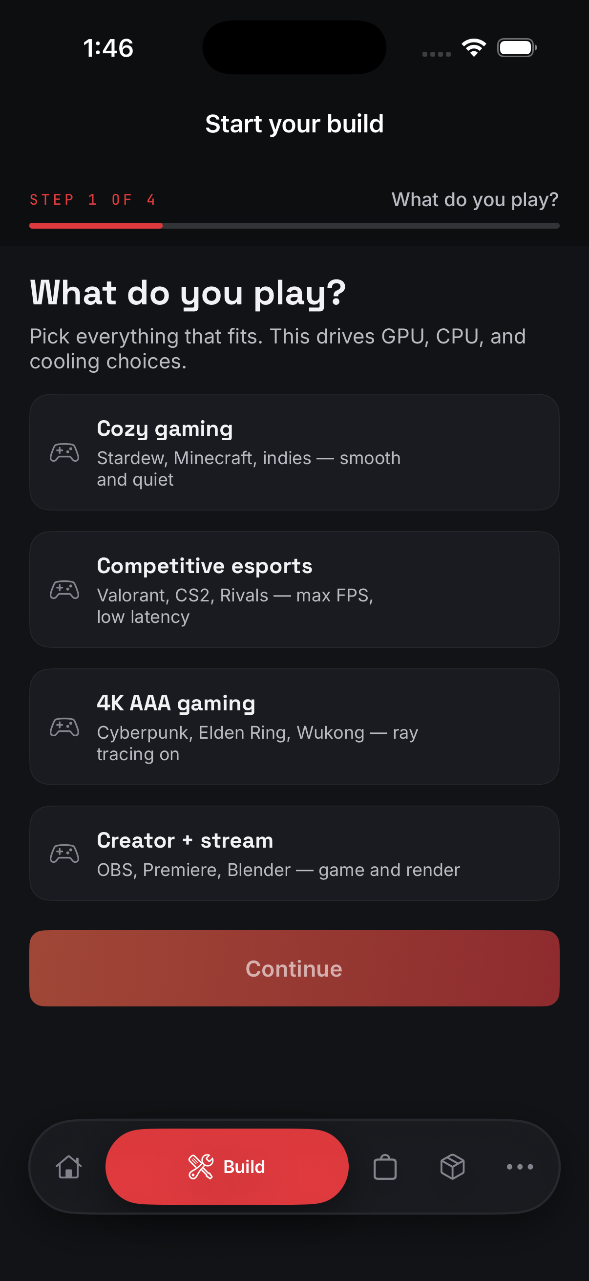 The Hokage Tech iPhone app build request wizard, asking which games the customer plays, with cozy gaming, competitive esports, 4K AAA, and creator options