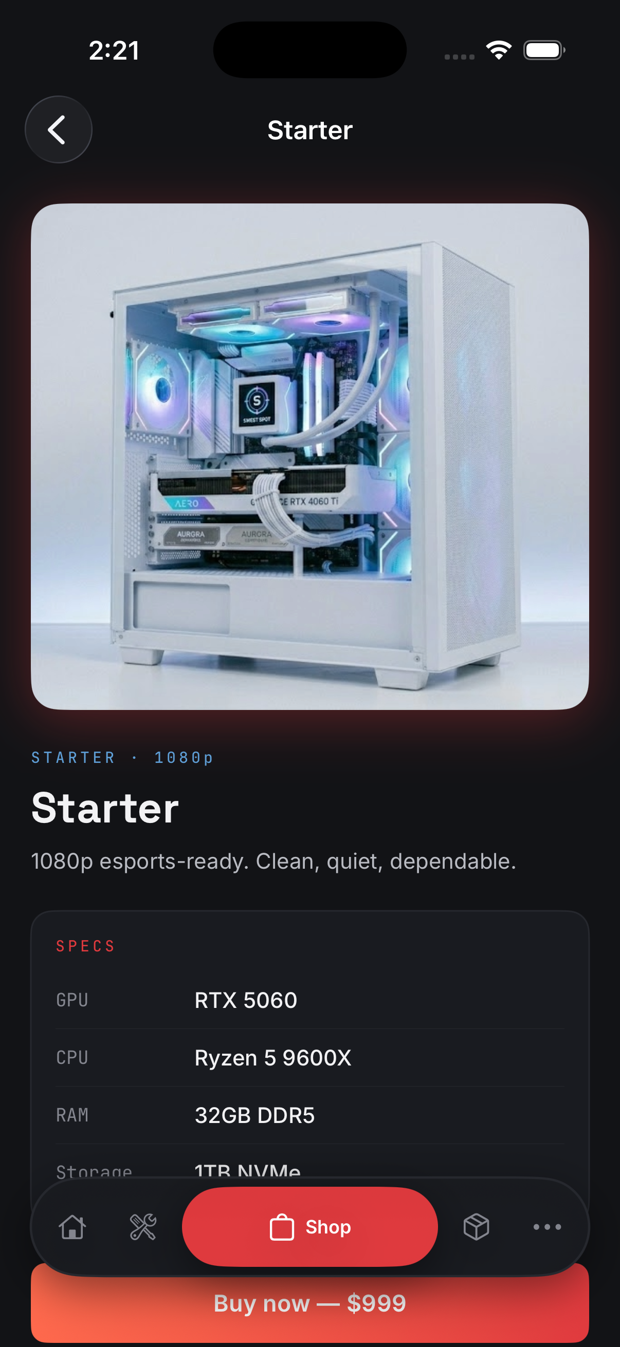 A prebuilt gaming PC detail screen in the Hokage Tech app, showing the build photo and a specification table listing GPU, CPU, RAM, and storage
