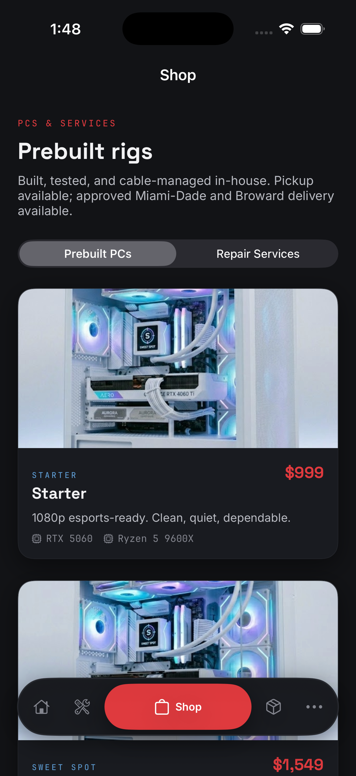 The Hokage Tech app's shop screen listing prebuilt gaming PCs with photos and prices